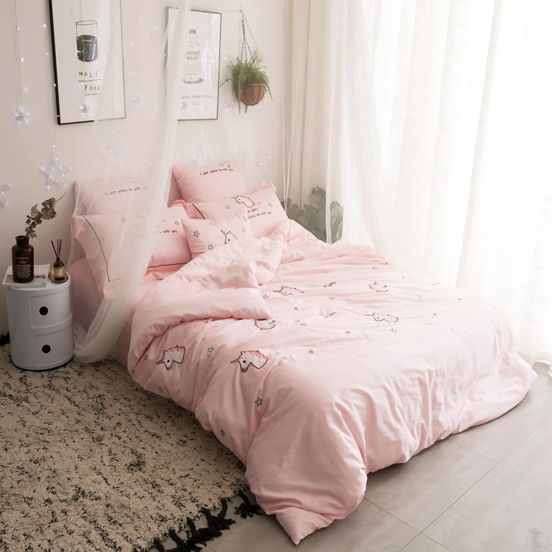 

Egyptian Cotton Pink Unicorn Bedding Set for Girls King Queen Size Bed sheet set Duvet Cover Linens ropa de cama linge de lit