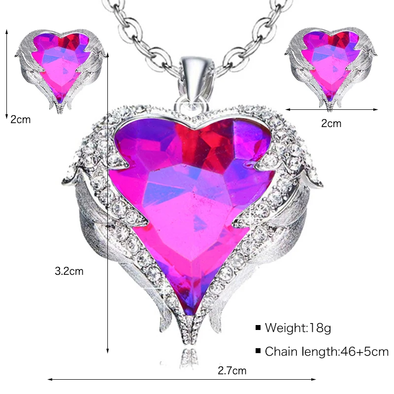 Fashion Lady Angel Wing Necklace Heart Rhinestone Crystal Chain Pendant Jewelry