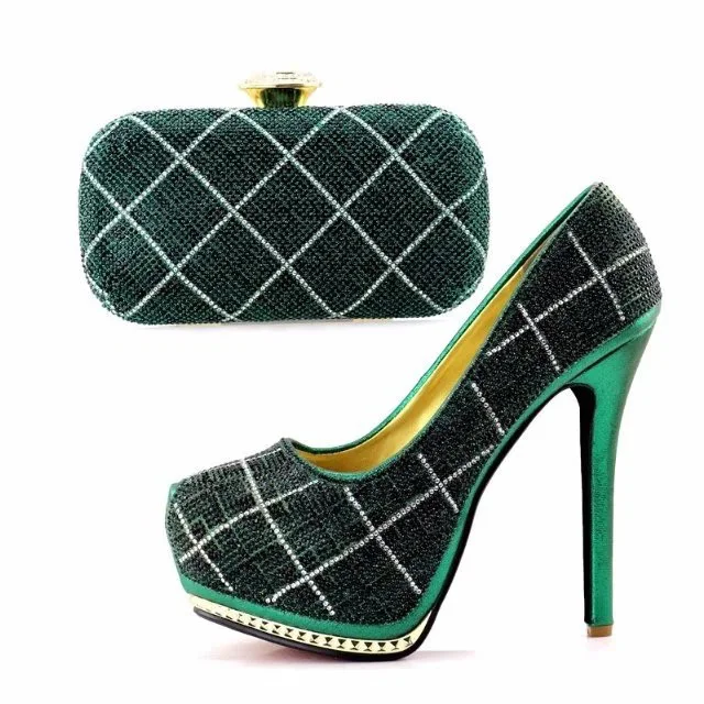 

Free shipping very high heel 5.7 inches pumps shoes with matching cluthces bag plaid design teal green shoes and bag SB8117-2