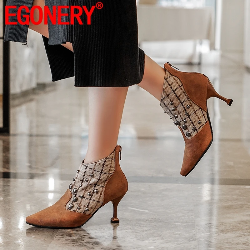 

EGONERY Sexy woman ankle boots striped plaid pattern 7cm high thin heels shoes black brown Pointed toe Cool booties plus size