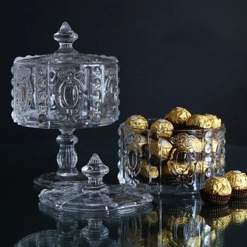 

Europe Court vintage engraved embossed candy jar High foot with lid storage tank Glass Container Canister home wedding decor