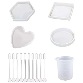 

4 Pack Diy Coaster Silicone Mold Epoxy Casting Molds Include Round Hexagon Square Heart Molds For Resin Concrete Cement With 1