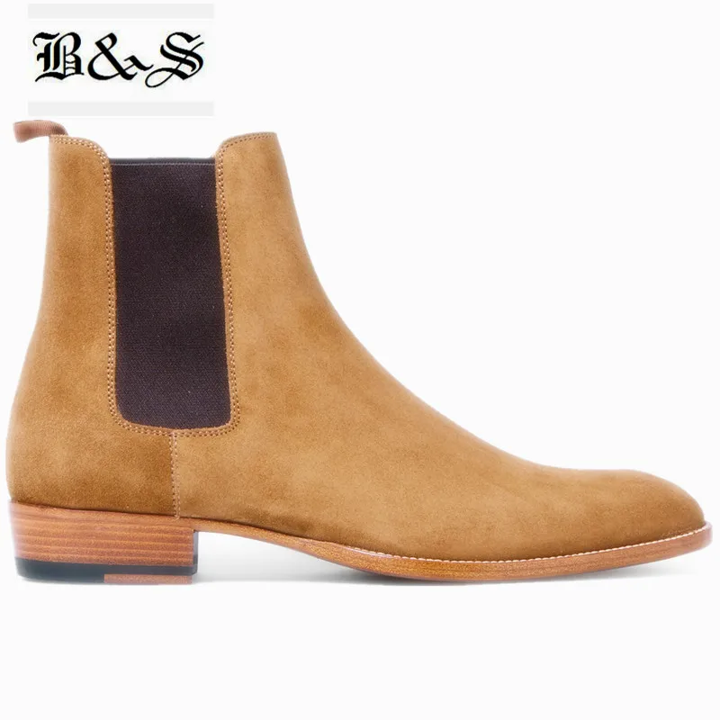 US $98.28 Black Street Handmade Genuine Leather Slim Fit Suede Chelsea Men Boots Wedge Euro High Top England Wyatt Causal Luxury Boots