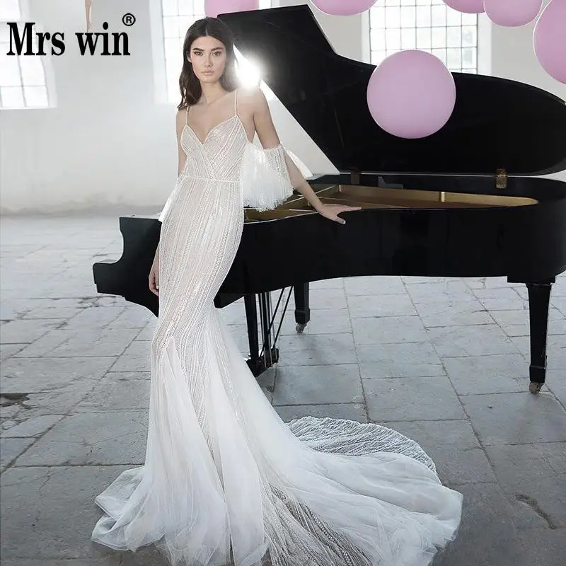 Свадебное платье-Русалка 2019 г. Mrs Win сексуальное с v-образным вырезом со шлейфом на