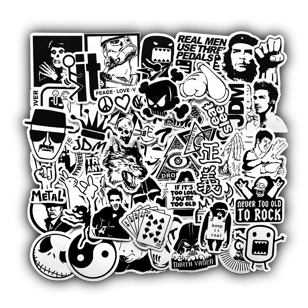 50 шт. черный и белый случайный мультфильм ПВХ игрушки крутая наклейка s для детей детский Багаж Ноутбук наклейка бомба автомобиль-Стайлинг