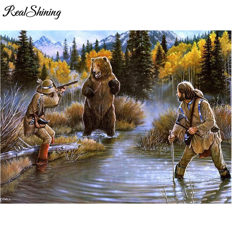 

REALSHINING diamond embroidery diy 5d diamond painting bear hunters Cross Stitch full square Rhinestone diamond mosaic FS1172