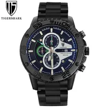 2016 new TIGERSHARK luminous black green dial watches men sport chronograph 30M waterproof date stainless steel wristwatches
