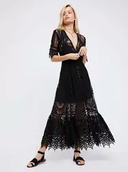 2018 новый сплайсинг пуговицы спереди длинное платье v-образным вырезом лоскутное из двух частей длинное платье одноцветное Цвет черный