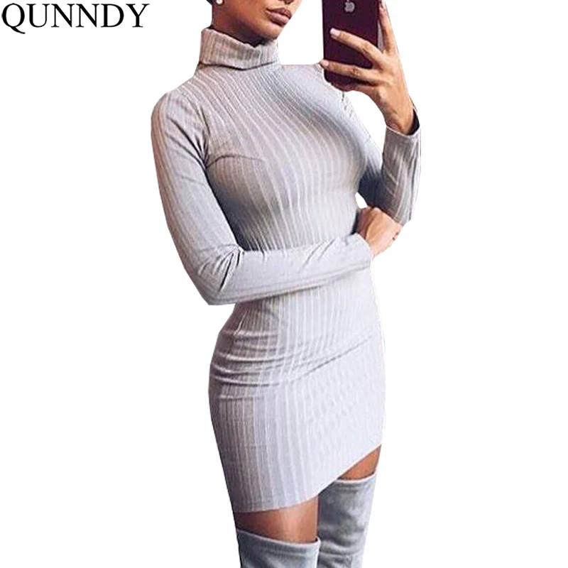 

Qunndy Bodycon Autumn Winter Dresses Fashion Women Office Work Long Sleeve Sexy Knitted Package Hip Midi Dress Robe Vestido