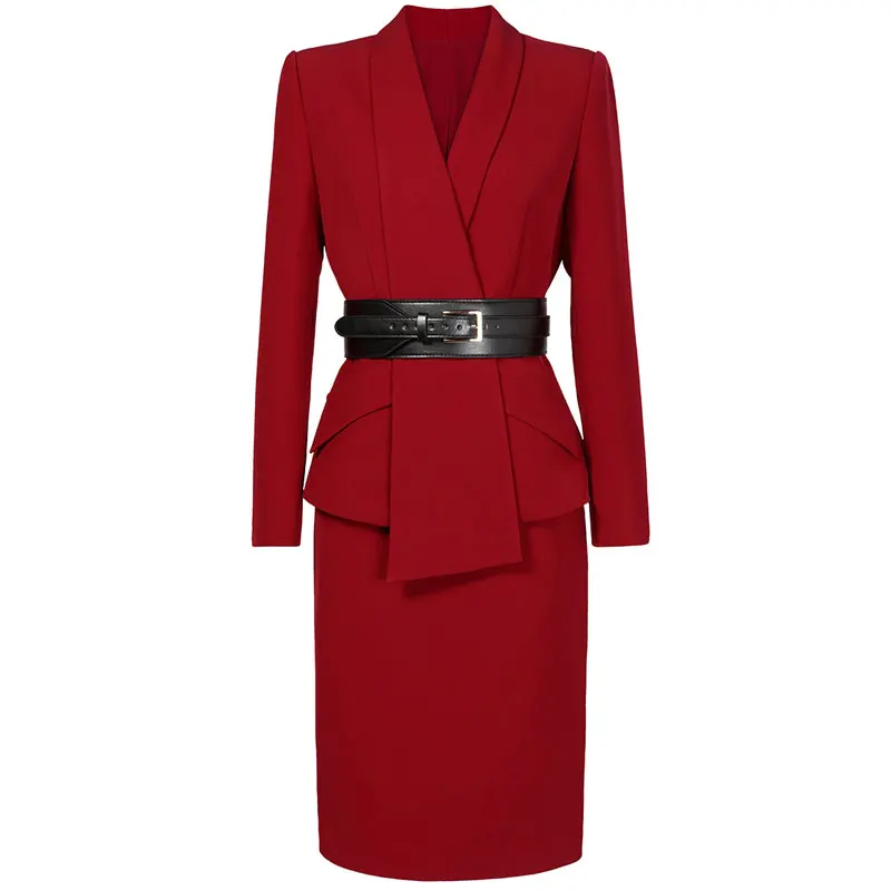 

Red RoosaRosee 2019 Office Lady OL Sets Long Sleeve Turn-down Collar Black Red Blazer + Long Pants Fashion 2 Piece Suits Twinset