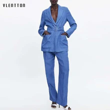 Blue Linen Women Pant Suits Belt Long Blazer Jacket High Waist Straight Pants Office Lady Two Piece Set Casual Female Trousers