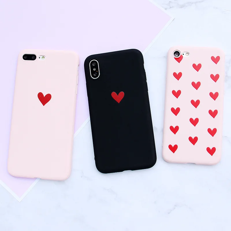 Милый красный чехол с сердечком для iPhone X 6 6s 7 8 Plus влюбленных пар Мягкий