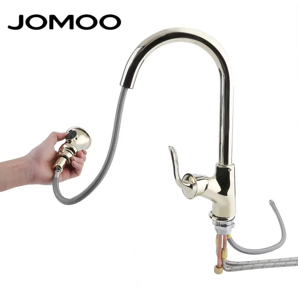 

Ceramic Spool Kitchen Faucet PVD Flanged Gold Water Tap Single Handle Extensible Mixer Tap 180 Degree Swivel Faucet