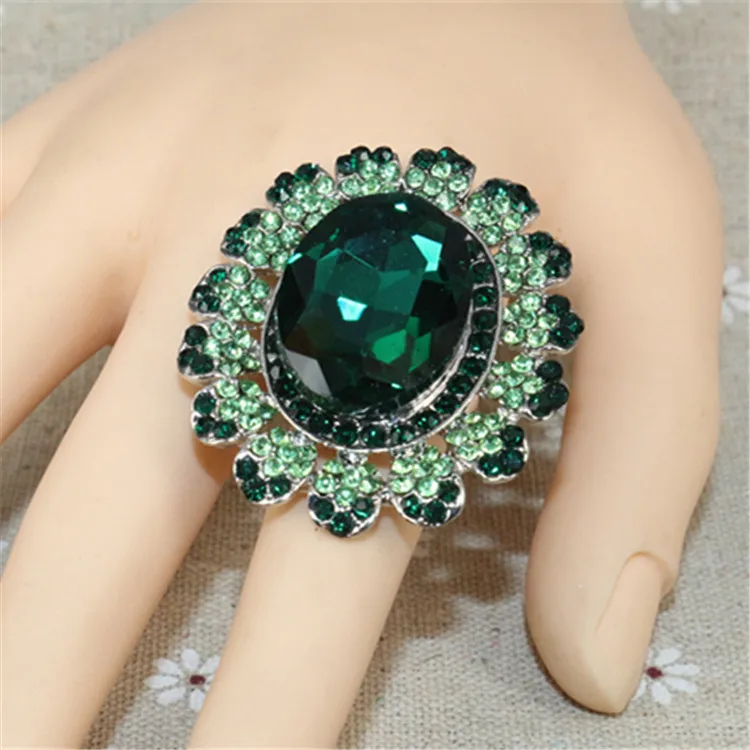 

2018 Gold-color Deep Green Chunky Rhinestone Exaggerated Crystal Adjustable Large Wedding Rings for Women Statement Jewelry