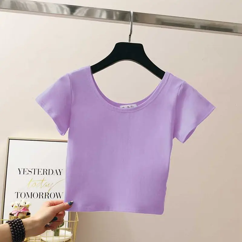 

Women Summer Crop top New Style Fashion O-neck Pullover Short sleeve Solid color Tees Casual Slim Female T-shirt NZYD1331