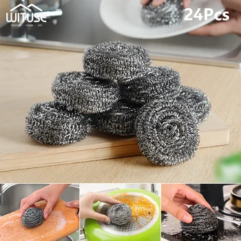 

Stainless Steel Sponge Scrubber Scourer Heavy Duty Pan Cleaning Pad Tool Metal Mesh Cleaning Pads Steel Kitchen Wire Coil 24pcs