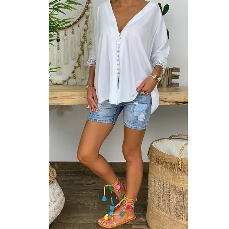 New Fashion Women V Neck Half Sleeve Shirts Summer Solid Color Button Tops Casual Loose Blouse Plus Size New Fashion Women V Neck Half Sleeve Shirts Summer Solid Color Button Tops Casual Loose Blouse Plus Size
