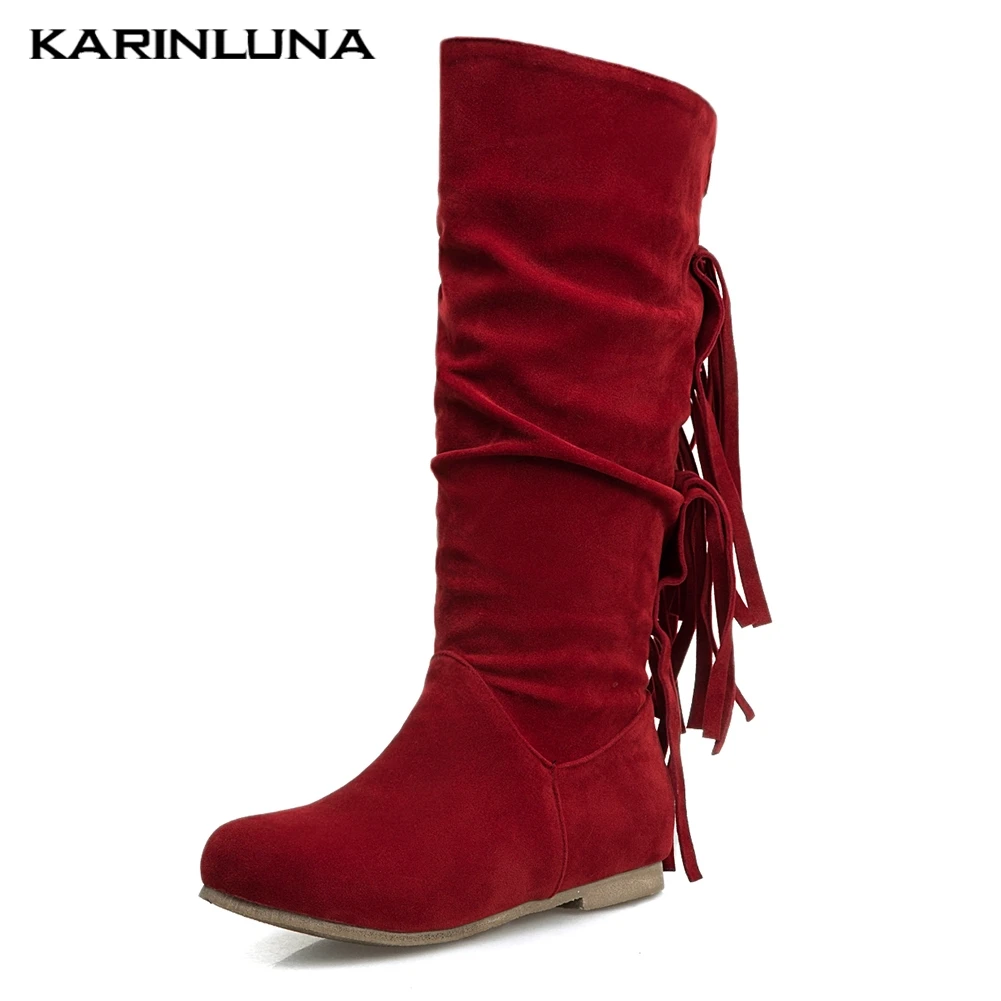 

Plus Size 50 New Shoes Woman Boots Female Fringe Slip On Casual Mid Calf Boots Women Shoes Riding Boots