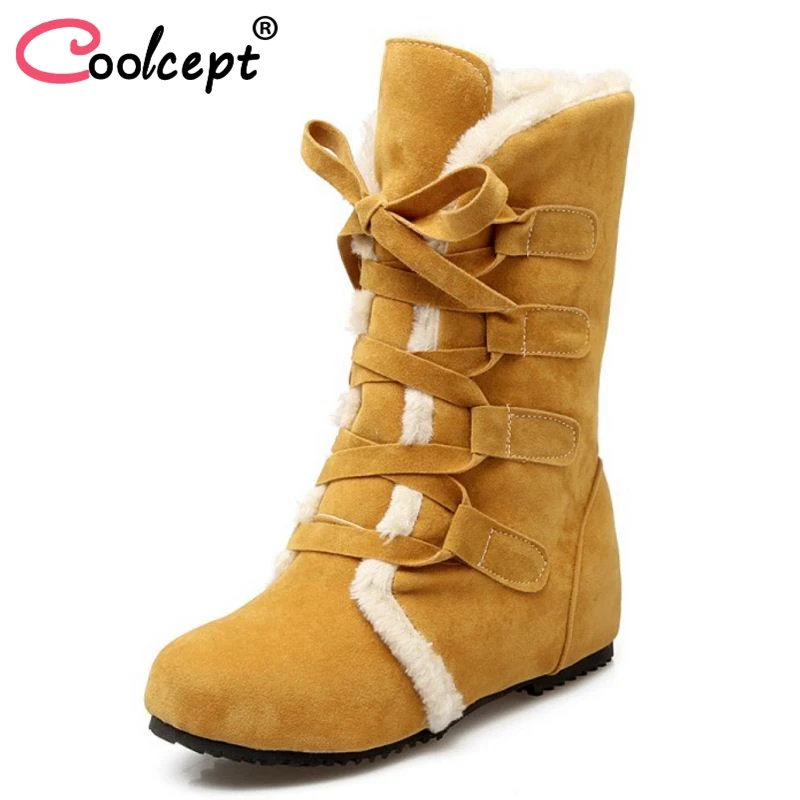 

Coolcept Size 30-52 Women Warm Winter Boots Mid Calf Lace Up Ladies Shoes Round Toe Plush Fur Botas Wedge Snow Footwear
