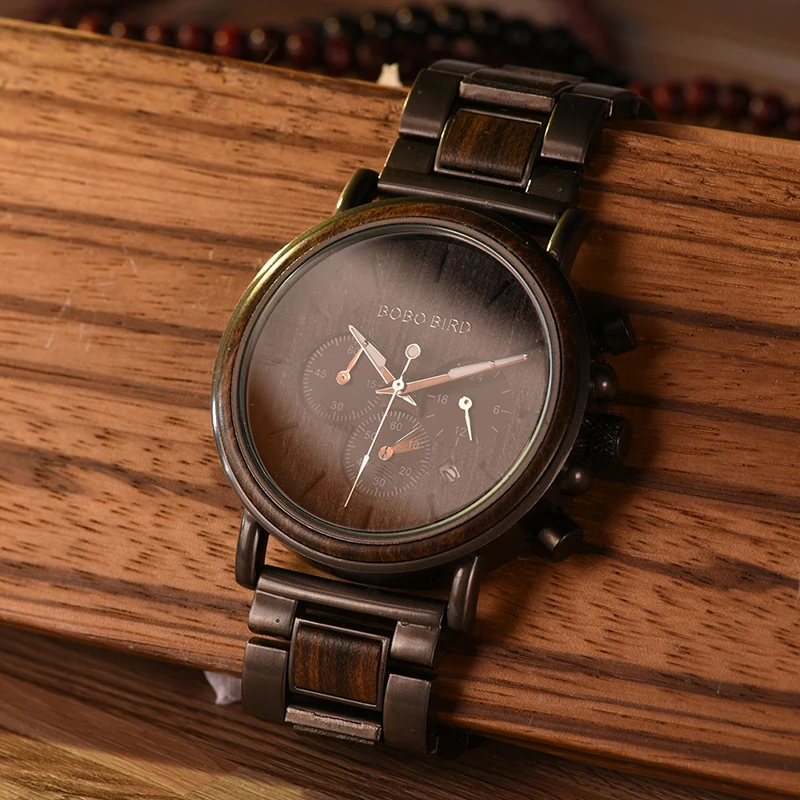 BOBO BIRD Chronograph Men Watch Wooden Luxury Stainless Steel Quartz Wristwatches with Calendar erkek kuvars saatler
