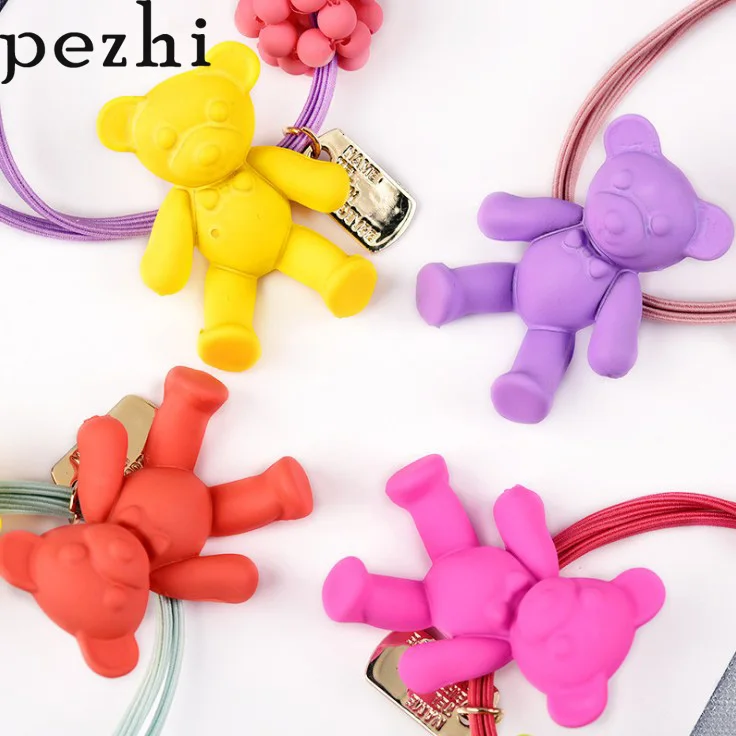 

New fluorescent color cute bear ball hair rope fashion popular wild lady girl hair band rubber band head flower