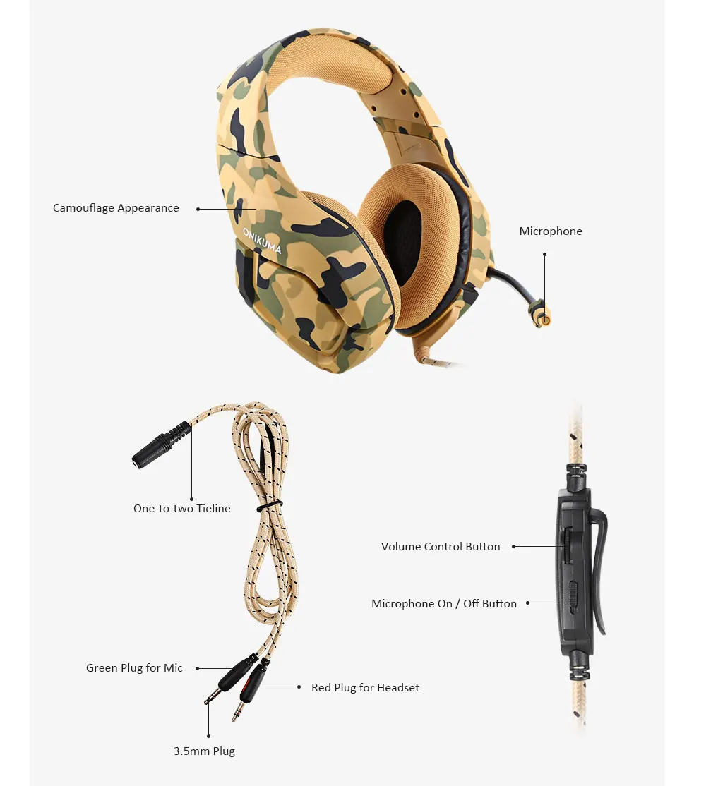 ONIKUMA K1 Stereo Gaming Headset 2.2m Cable Camouflage Appearance Bass Over-ear Headphones with Mic for Computer Game