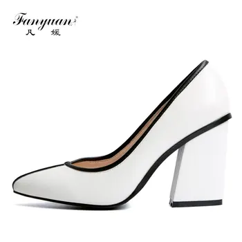

Fanyuan Famous Brand Women Spring Pumps Genuine Leather Female Square Heels Slip-on Office Lady's Shoes Mix-color Handmade Shoes