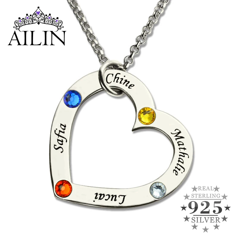 Wholesale Birthstone Heart Necklace in Silver Personalized Children Names Mother Necklace Family in Your Heart Jewelry for Mom Wholesale Birthstone Heart Necklace in Silver Personalized Children Names Mother Necklace Family in Your Heart Jewelry for Mom