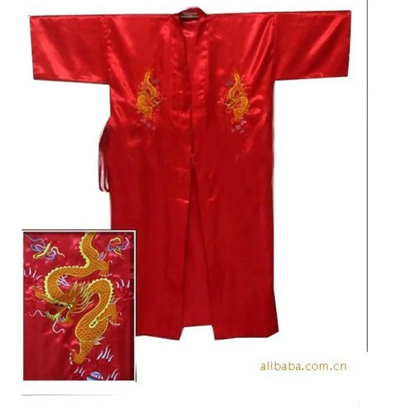 Koop Gratis Verzending Navy Blue Chinese mannen Satin Silk Robe Borduren Kimono Bad Gown Dragon Maat SML XL XXL XXXL S0103 E