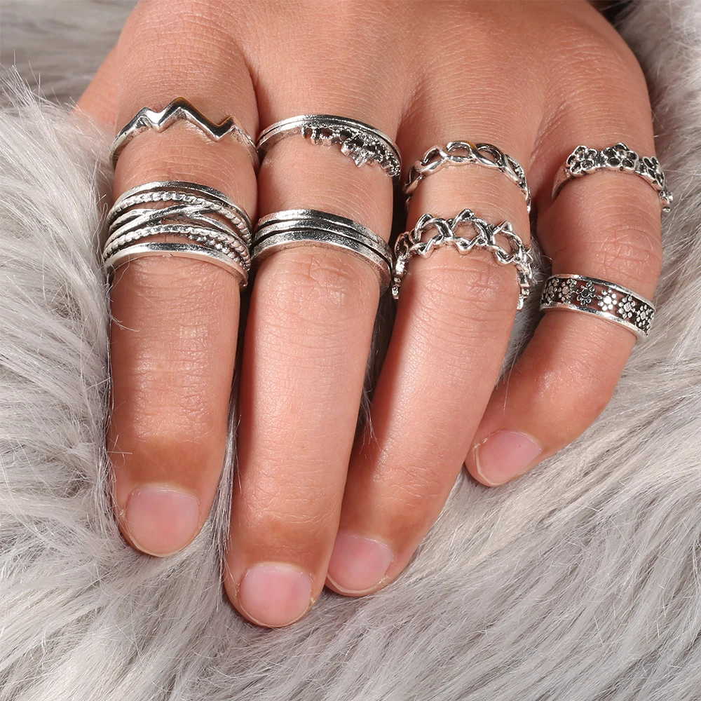 

8PCS/Set Fashion Ring Set Jewelry Geometric Round Hollow Waves Open Finger Ring Set Gift For Women Girl Retro Finger Rings