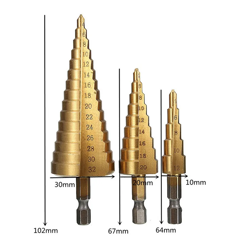 Комплект из 3 предметов на возраст от 4 до 12 лет/20/32mm HSS Титан шарошечное буровое долото с резьбовой головкой комплект HSS Сталь ступенчатая заточка шестигранным хвостовиком метрические спиральные флейта дыропробивной пресс