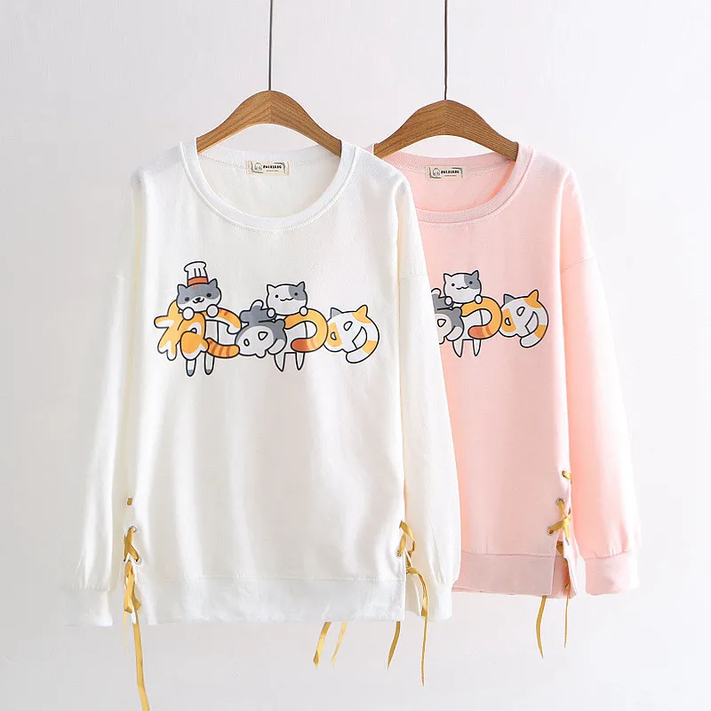

Cartoon Neko Atsume O-neck Hoodie Harajuku Cute Cat Print Drawstring Lolita Sweatshirt Pullover Tops Hoody Women Clothes