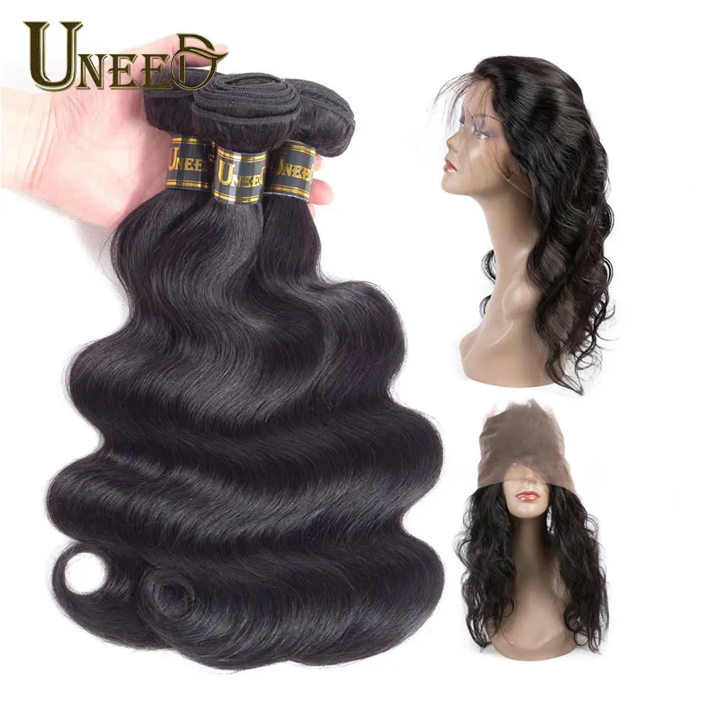 Uneed Brazilian Hair Body Wave Bundles with Frontal Remy Human Hair Bundles Hair Weave Bundles with 360 Frontal Lace Closure