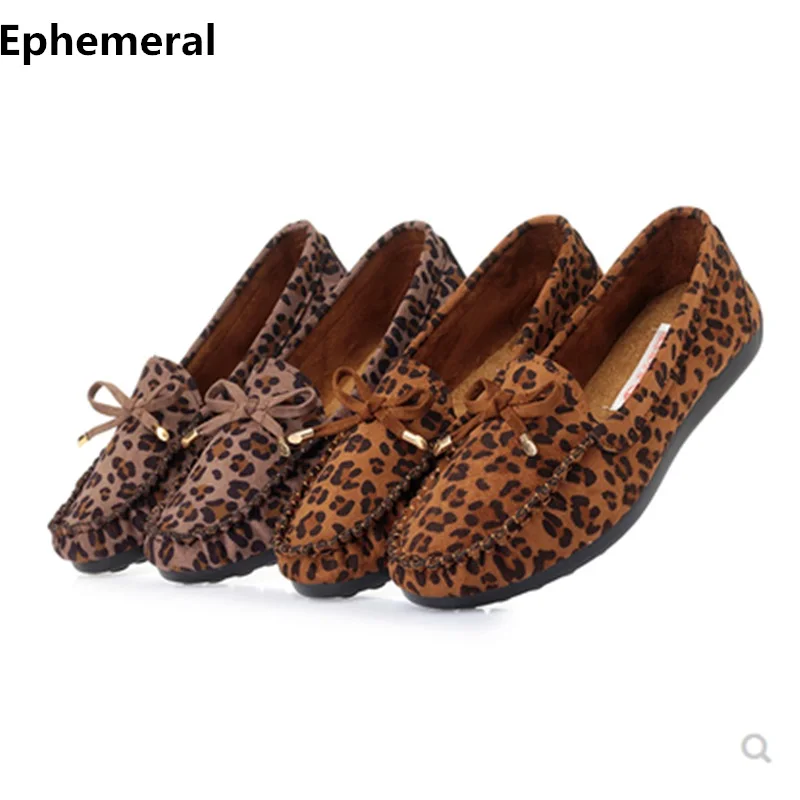 

Ladies Leopard Flats Spike Heels Anti- Slip Round Toe Old Peking Soft Shoes Cloth Bow Plus Size 40 39 for wide Foot Brown Beige