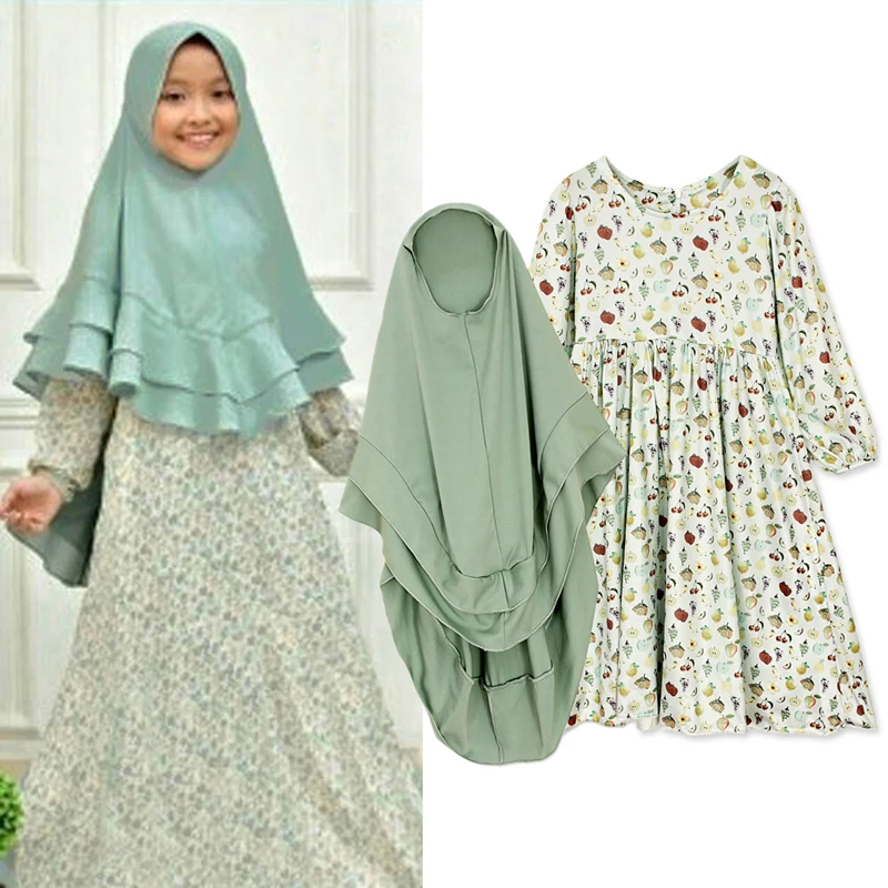 

Toddler Kids Girls Dress Muslim Hijab Islamic Abaya Kaftan+Bown Arab Maxi Dress Long Sleeve Dress Baby Dresses 2Pcs Sets 3-7Yrs