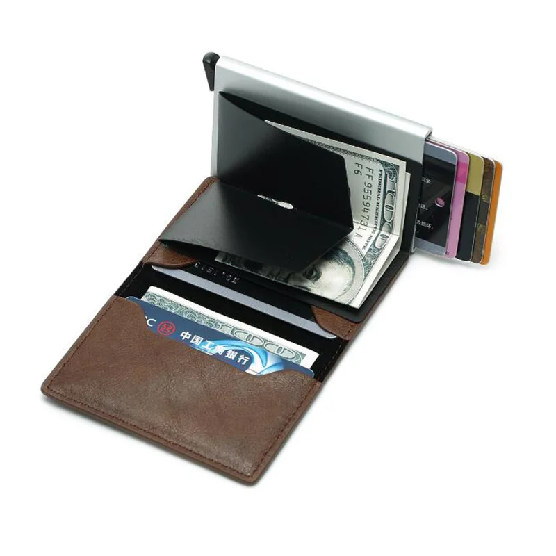 الحماية ضد السرقة الرجال خمر حامل بطاقة الائتمان حجب محفظة بشريحة RFID جلدية للجنسين الأمن المعلومات الألومنيوم إطار محفظة معدنيّة
