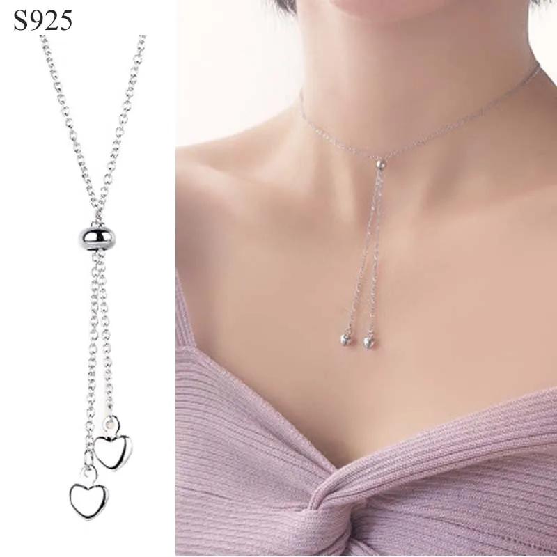 

Genuine Real Pure Solid 925 Sterling Silver Pendant Necklaces Women Jewelry Heart Tassel Female Short Necklace Collier Choker