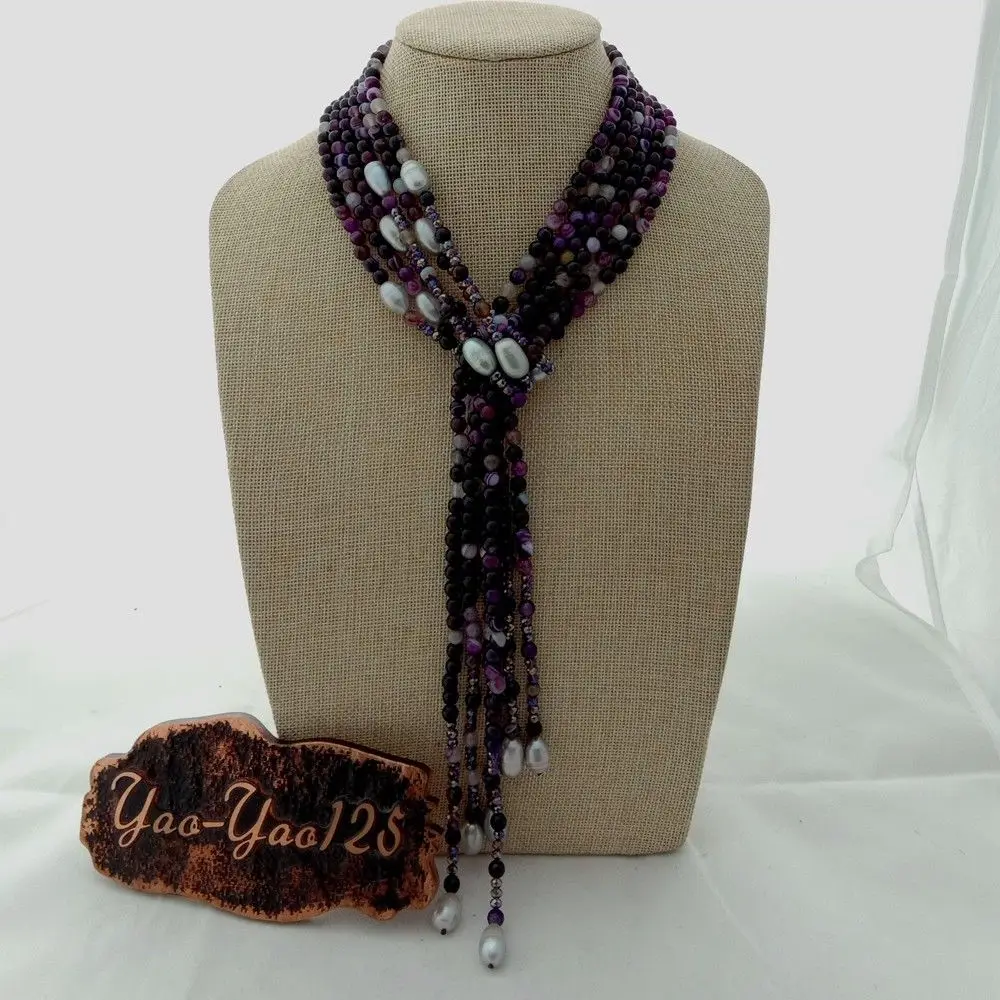 

Women's 50'' 3 Rows Purple Stone Gray Rice Pearl Necklace