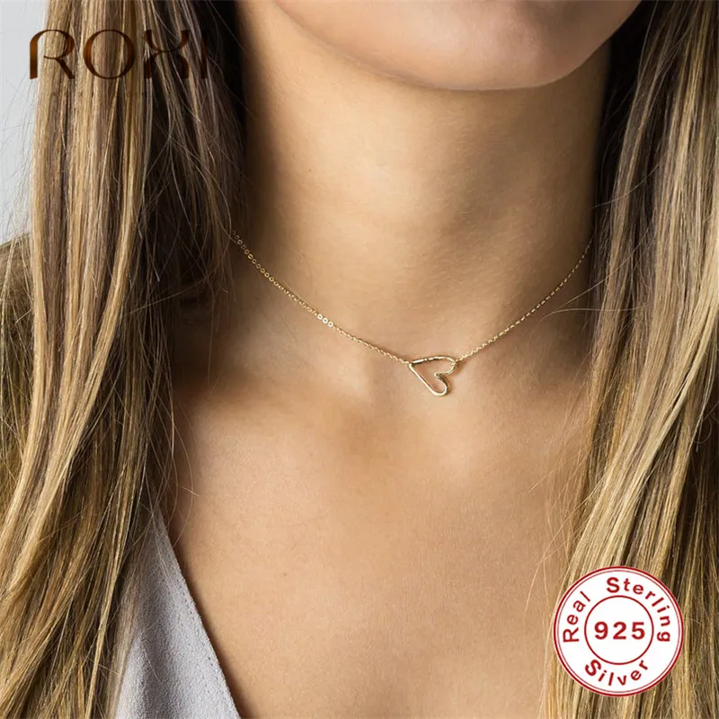 ROXI 925, серебряное ожерелье для женщин, полое сердце, колье-чокер, Femme, цепочка для ключицы, ожерелье и кулон, ювелирные изделия в стиле "Бохо"