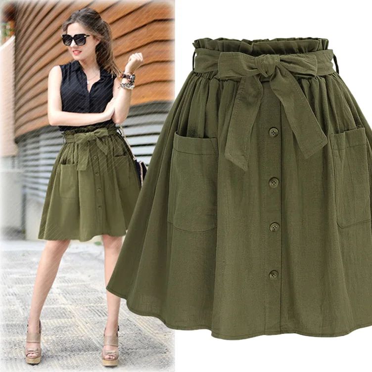 Высокая эластичность талии карман юбка женская армейский зеленый черный хлопок Новая летняя трапециевидная Повседневная плиссированная мини юбка женская одежда