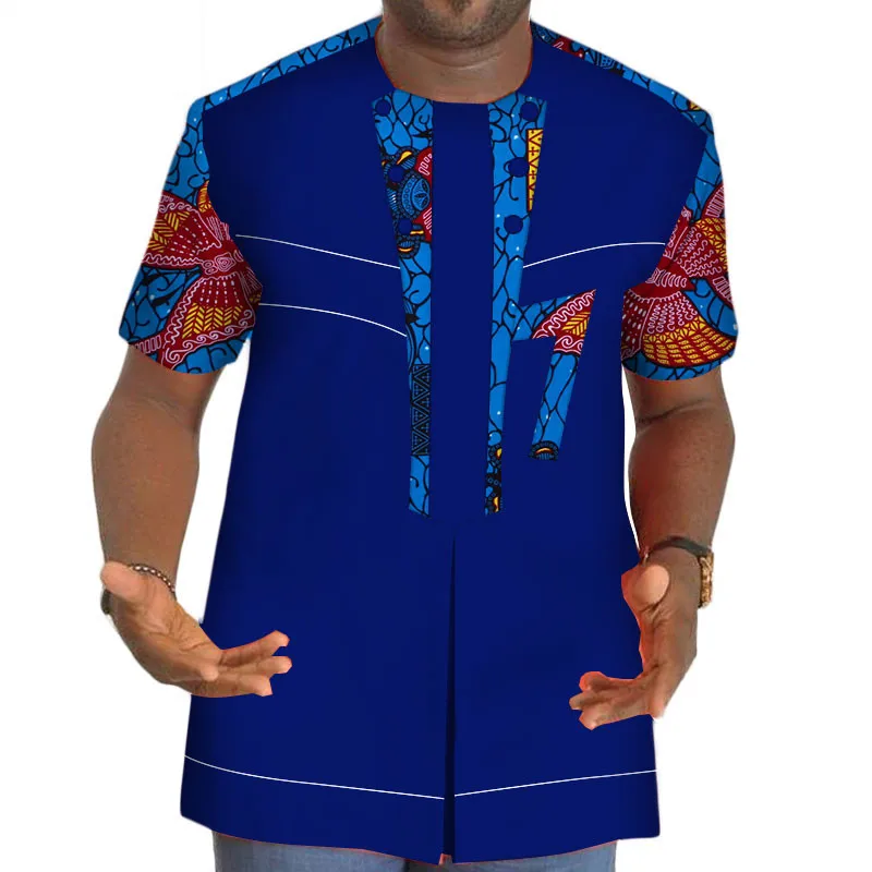 New Cotton Mens Shirt Tee African Clothing Dashiki Patchwork Print Button Shirt Bazin Riche African Tops Clothing WYN89