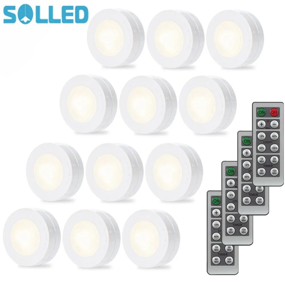 

SOLLED 12PCS Wireless LED Puck Night Light Set Dimmer Timer Remote Control Stick-anywhere Cabinet Lighting Battery Powered
