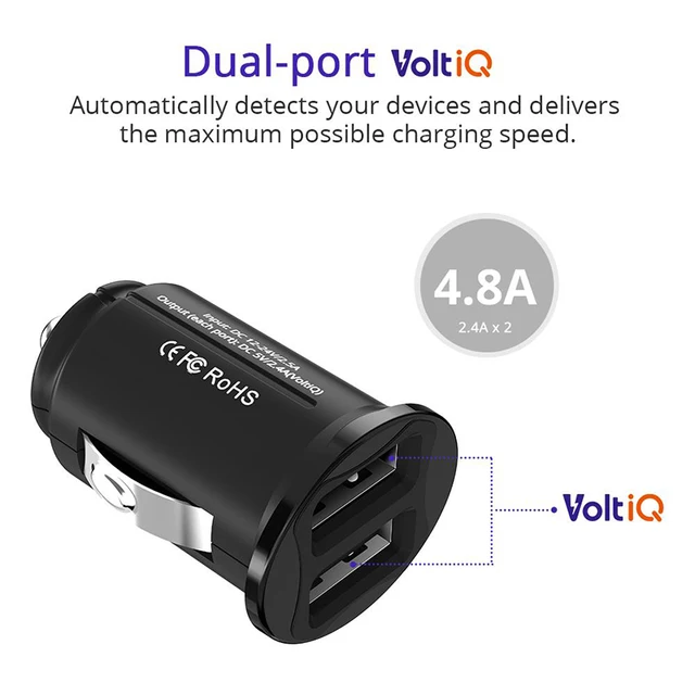 Tronsmart C24 Two Ports USB Car Charger VoltiQ Car-charger Phone Fast Charger USB Adapter Short Circuit Protection CE FCC RoHS
