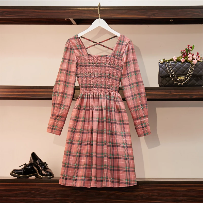 

Women Summer Casual Office Lady Plus Size Red Plaid Dress Preppy Square Collar Cross Backless Elegant Party Sexy Short Dress