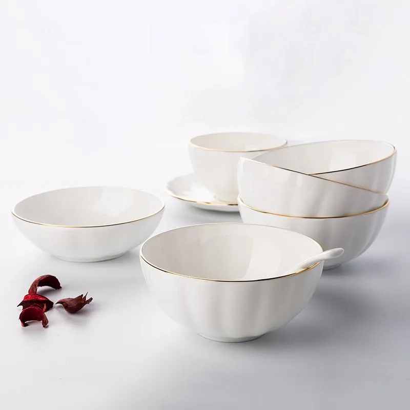 Корейский стиль с остеклением короткие белые керамические суп блюдо ложка для блюдца лапша чаша кофе кружки золотое покрытие Посуда свадебный подарок