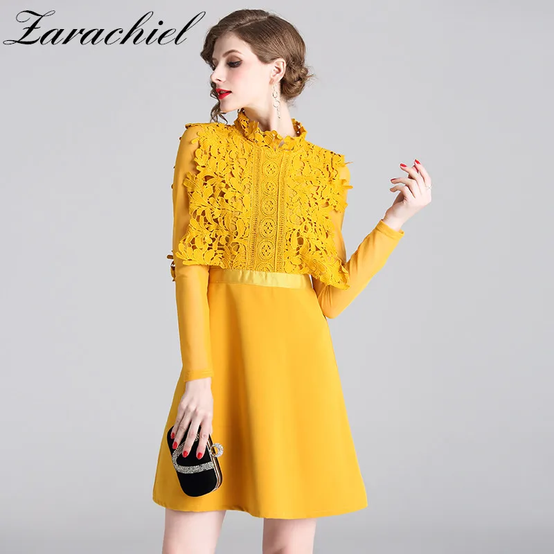 

Vintage Water Soluble Flower Embroidery Lace Patchwork Dress Elegant Slim Long Sleeve Women Dress A-Line Hollow Out Summer Dress