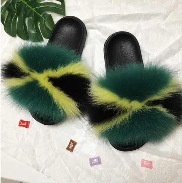 Real Raccoon Fur Slippers Women Sliders Casual Fox Hair Flat Fluffy Fashion Home Summer Big Size 45 Furry Flip Flops Shoes - Цвет: fox