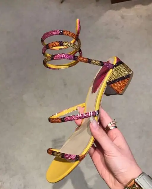 

2018 summer new woman snake mixed color sandal Sexy open toe chunky heel crystal sandal Ladies medium high heel shoes SIZE34-40