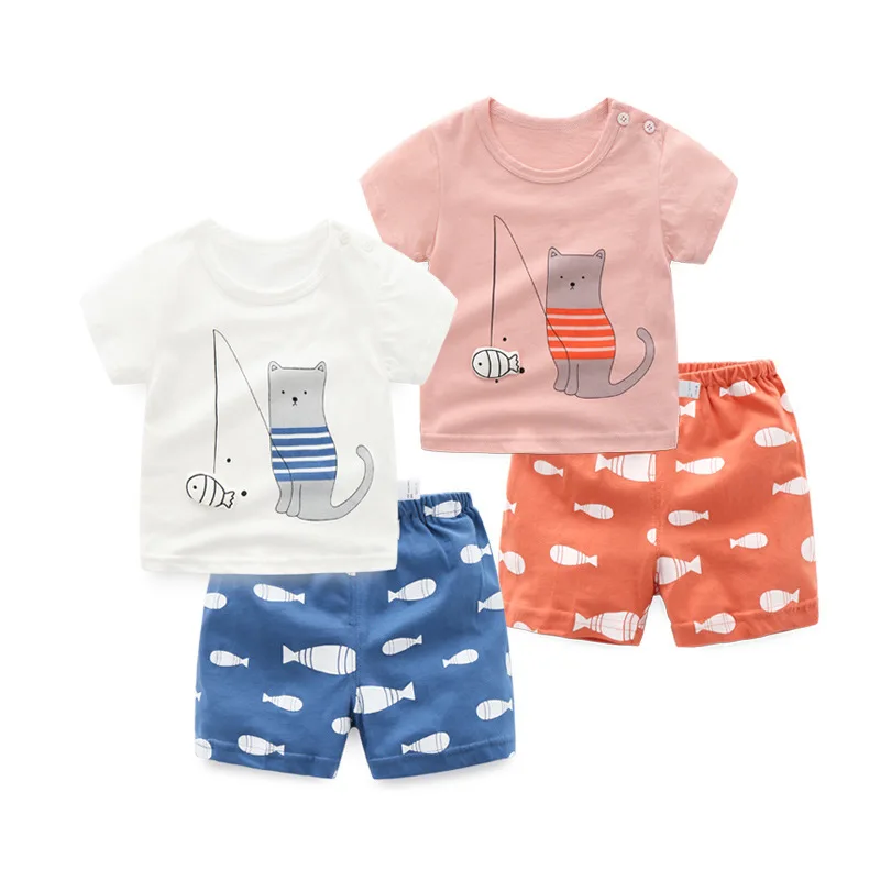 T camisa plus Shorts 100% de Algodão do Bebê Menina do Menino Roupas de Verão 2 Pcs Pesca Gatinho Curto de Mangas Compridas Crianças Roupas Recém nascido da Terno 2 Cheap Conjuntos de roupas