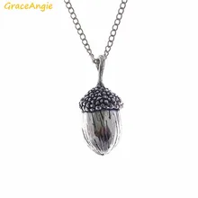 GraceAngie 1pc Alloy Silver Tone 3D Acorn Pendant Necklace Metal Link Chain Punk Women Men Long Sweater Chain Jewelry Accessory acorn shaped silicone chain zinc alloy pendant necklace black copper multi colored
